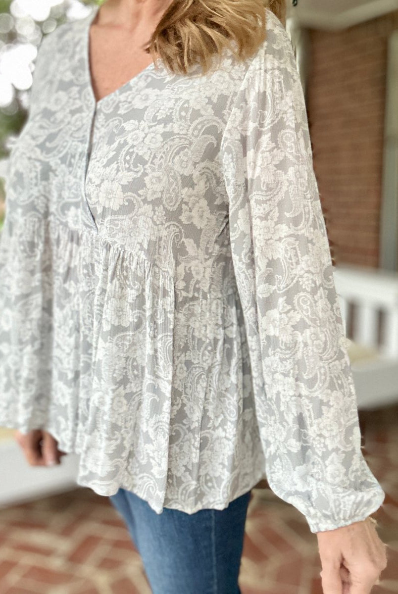 Whisked Away Floral V Neck Peplum Top - Silver - Shirts & Tops - Jimberly's Boutique - Olive Branch - Mississippi