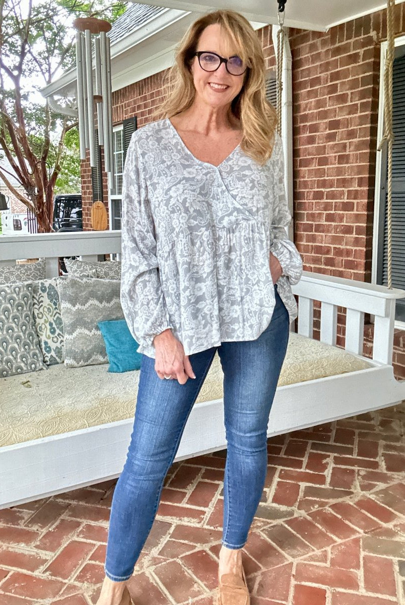 Whisked Away Floral V Neck Peplum Top - Silver - Shirts & Tops - Jimberly's Boutique - Olive Branch - Mississippi