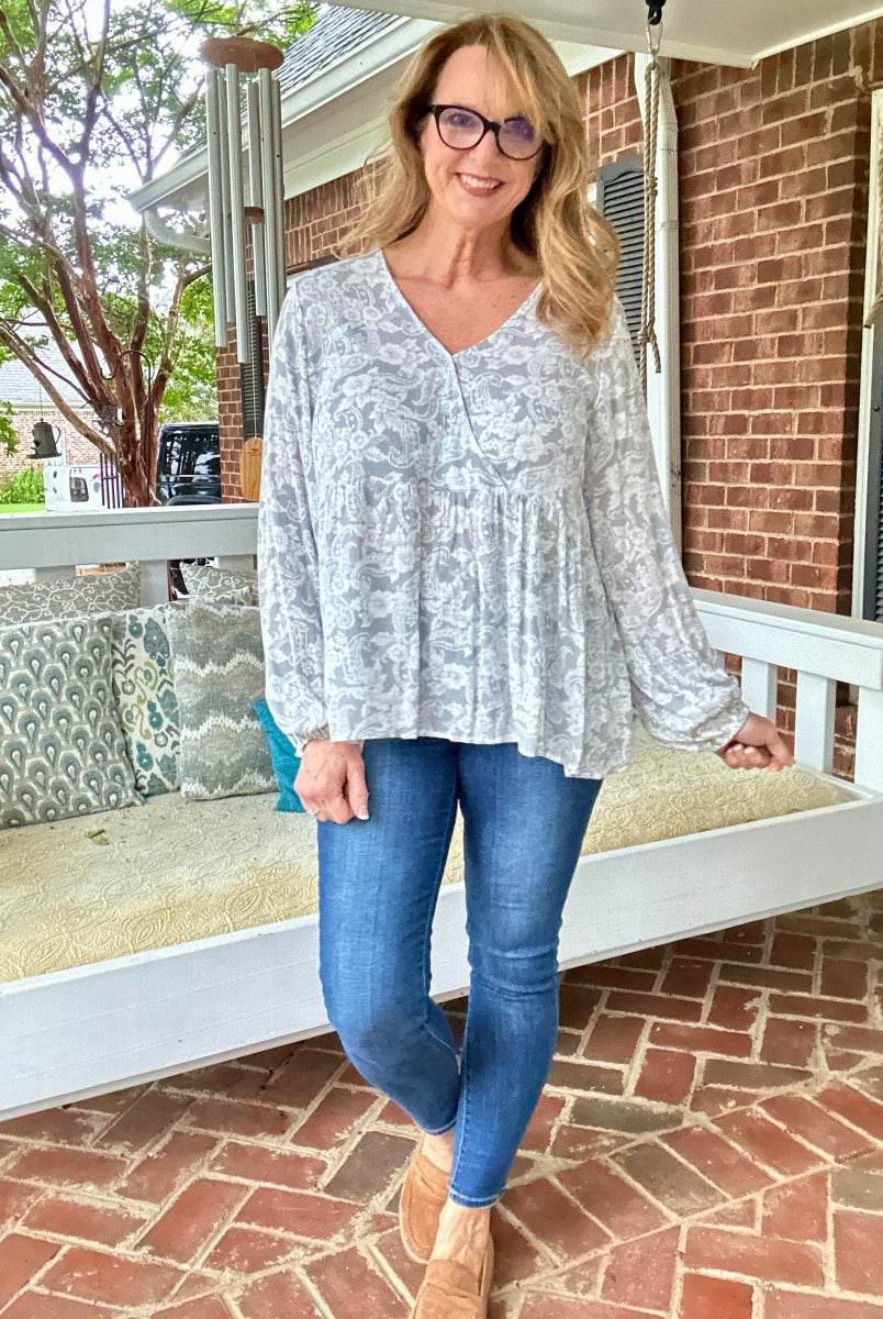 Whisked Away Floral V Neck Peplum Top - Silver - Shirts & Tops - Jimberly's Boutique - Olive Branch - Mississippi