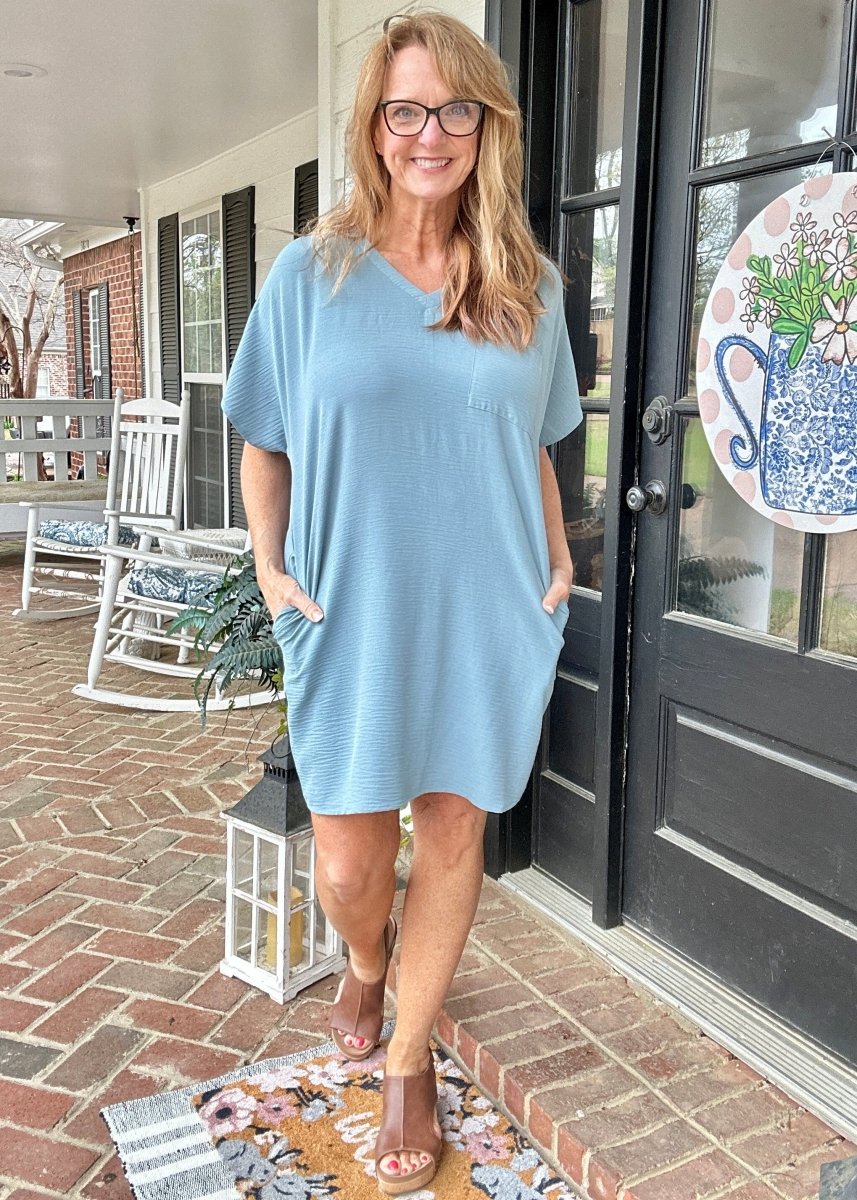 Woven Airflow T Shirt Dress - Blue Grey - Casual Dress - Jimberly's Boutique - Olive Branch - Mississippi