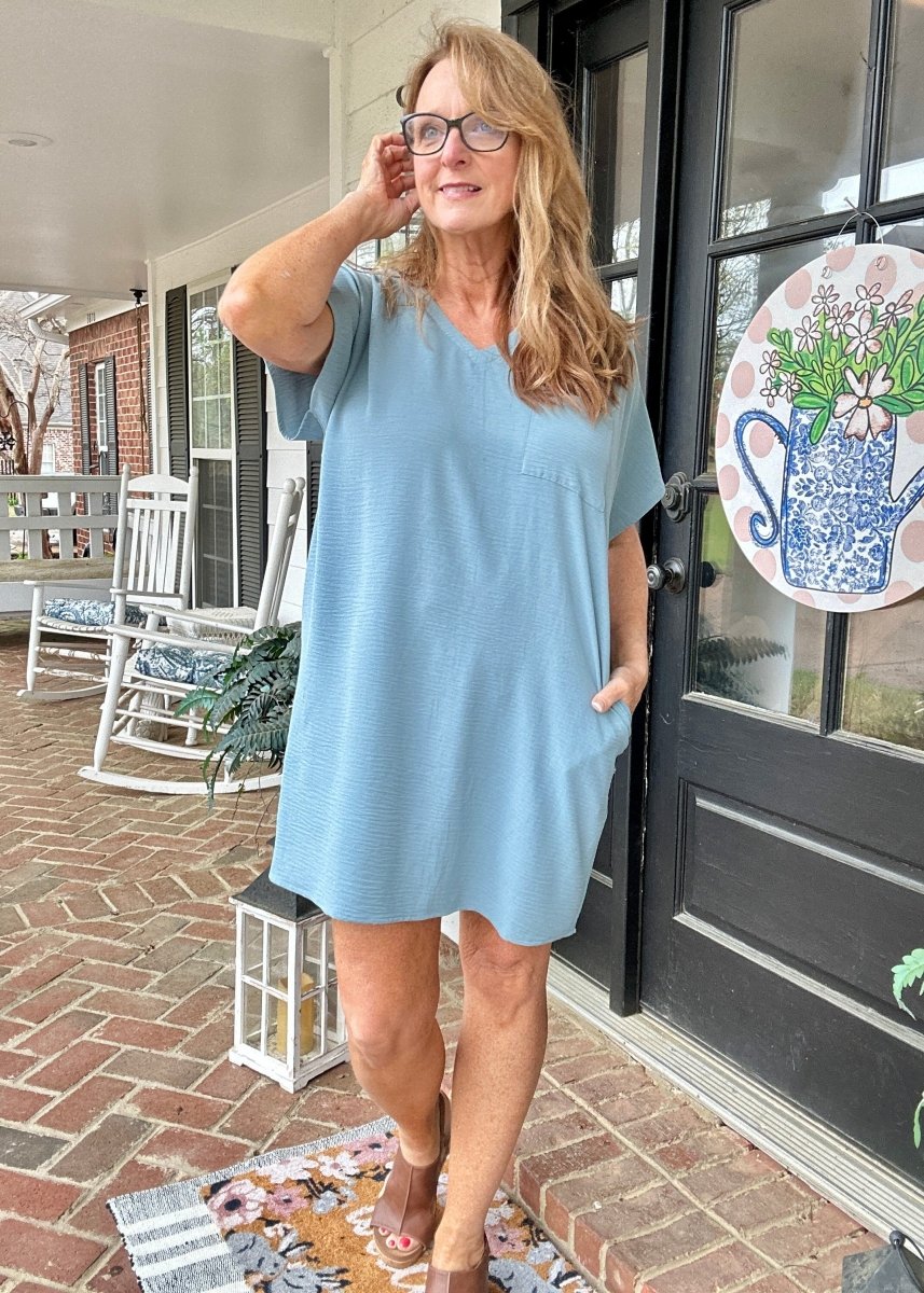 Woven Airflow T Shirt Dress - Blue Grey - Casual Dress - Jimberly's Boutique - Olive Branch - Mississippi
