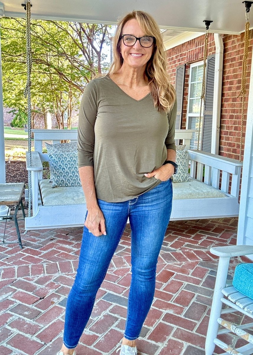 Wrinkle Free V Neck Top - Olive | Dear Scarlett - Dear Scarlett Wrinkle Free Top - Jimberly's Boutique - Olive Branch - Mississippi