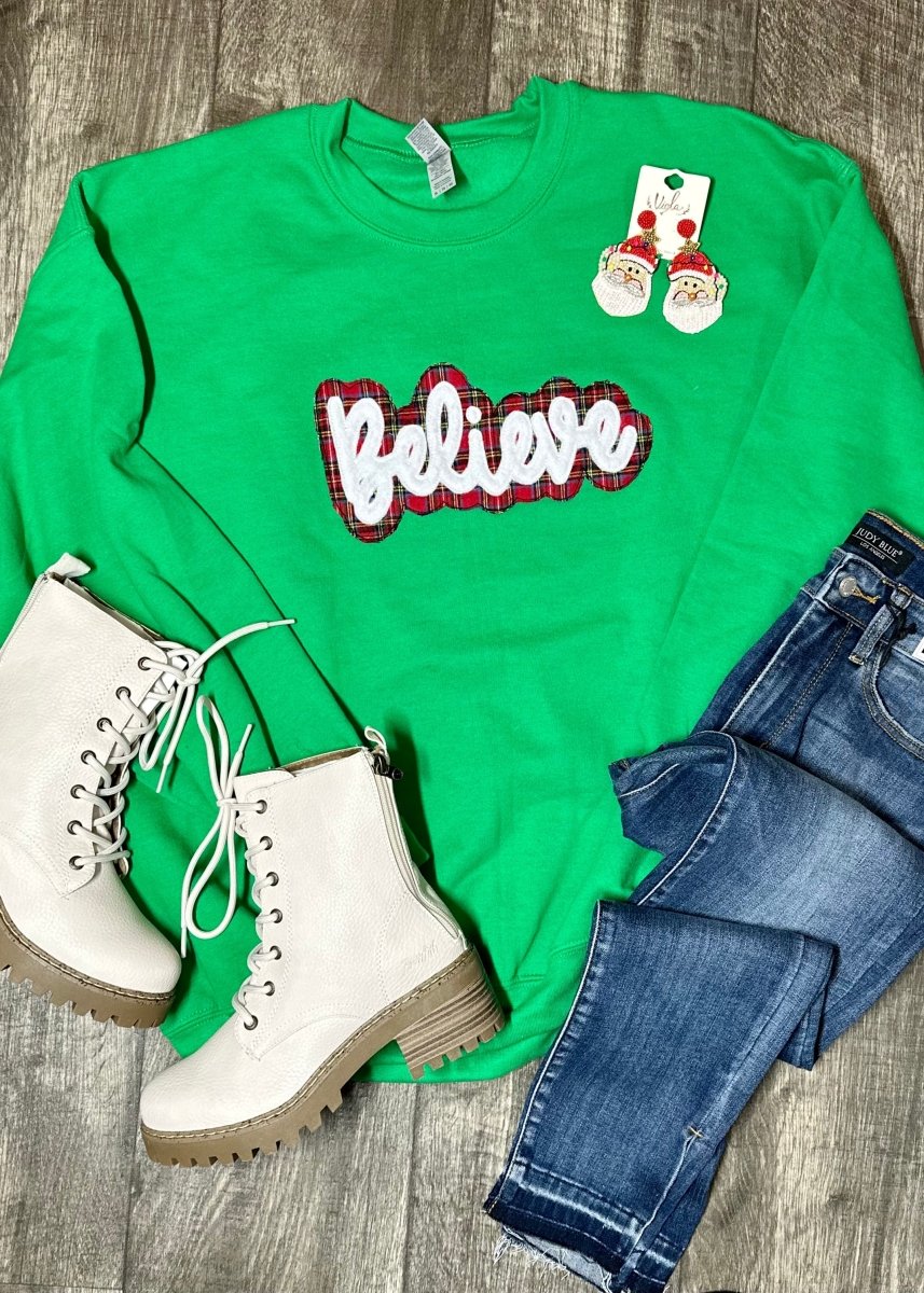 Believe Double Applique' Sweatshirt - Green - Graphic Tee -Jimberly's Boutique-Olive Branch-Mississippi
