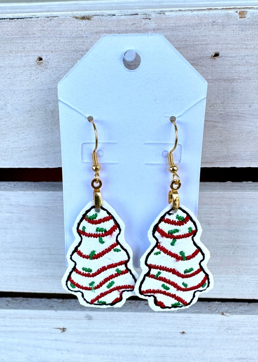 Christmas Tree Snack Cake Embroidered Dangle Earrings - earrings -Jimberly's Boutique-Olive Branch-Mississippi
