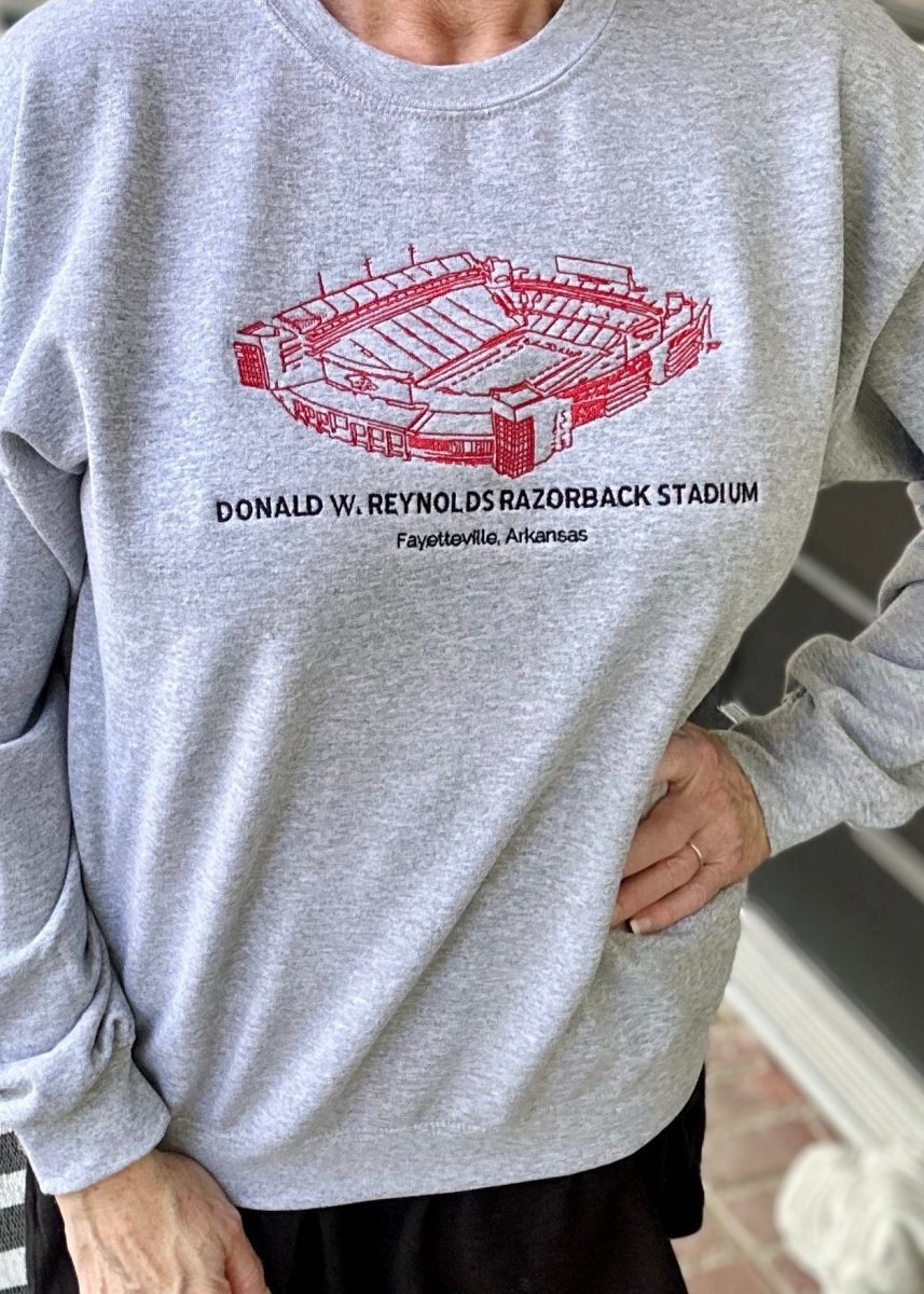 Donald W Reynolds Stadium | Arkansas Razorbacks | Embroidered Sweatshirt | Sport Grey | Olive Branch | MS - Graphic Sweatshirt -Jimberly's Boutique-Olive Branch-Mississippi