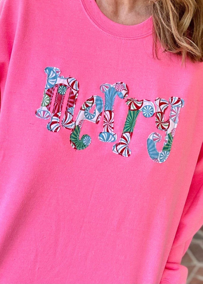 Merry Applique Sweatshirt - Neon Pink - applique sweatshirt -Jimberly's Boutique-Olive Branch-Mississippi