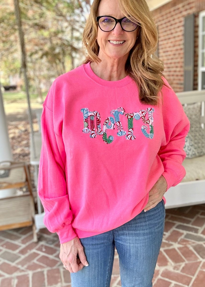 Merry Applique Sweatshirt - Neon Pink - applique sweatshirt -Jimberly's Boutique-Olive Branch-Mississippi