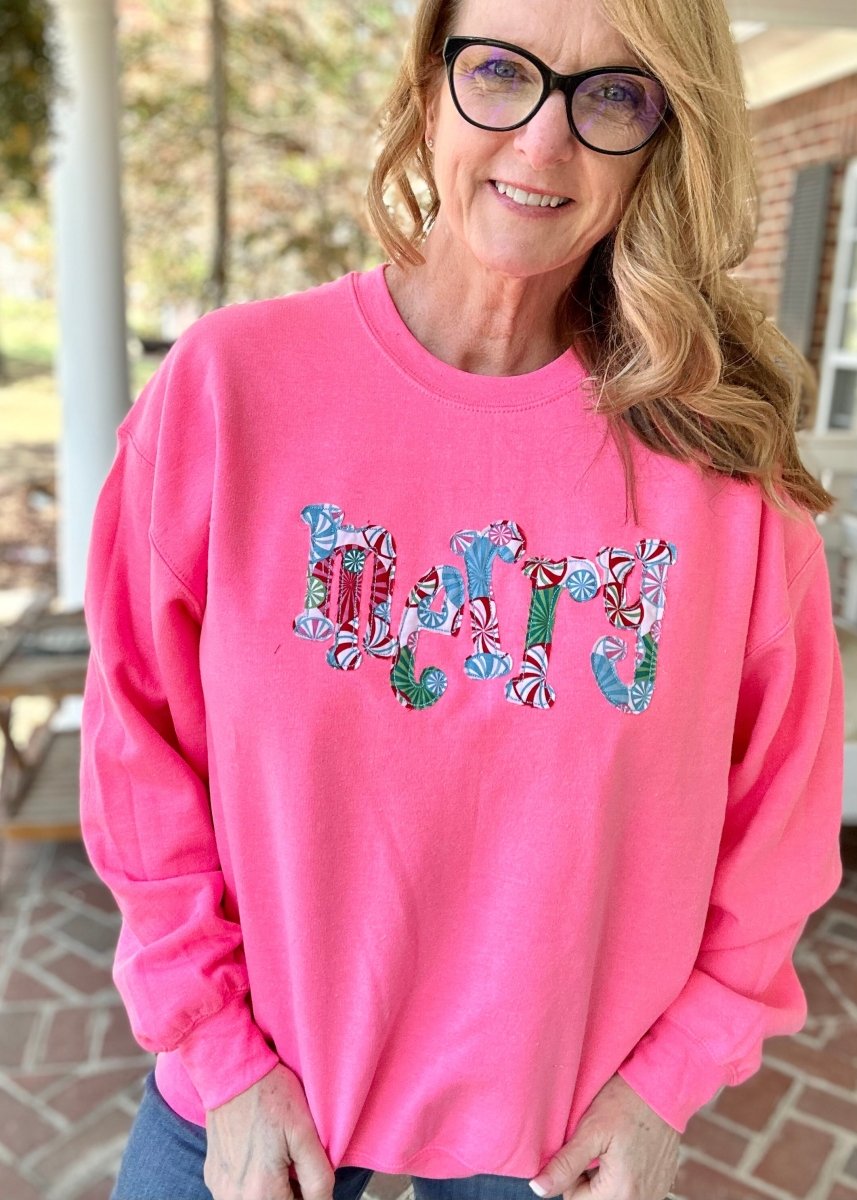 Merry Applique Sweatshirt - Neon Pink - applique sweatshirt -Jimberly's Boutique-Olive Branch-Mississippi