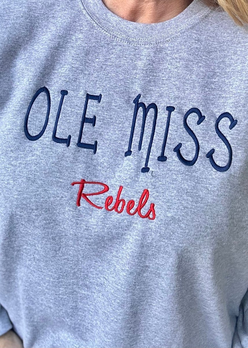 Ole Miss Rebels Embroidered Sweatshirt - Grey w/Navy & Red - sweatshirt -Jimberly's Boutique-Olive Branch-Mississippi