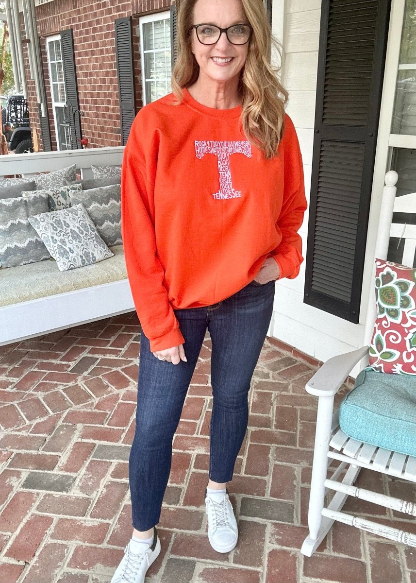 Rocky Top T Embroidered Sweatshirt - Orange/White - Graphic Tee -Jimberly's Boutique-Olive Branch-Mississippi