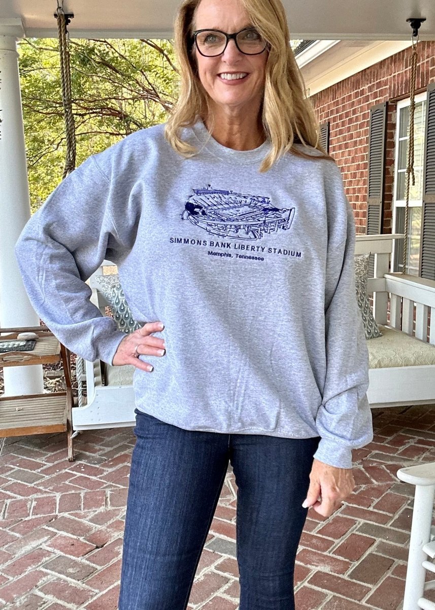 Simmons Bank Liberty Stadium | Memphis Tigers | Embroidered Sweatshirt | Sport Grey | Olive Branch | MS - Graphic Sweatshirt -Jimberly's Boutique-Olive Branch-Mississippi