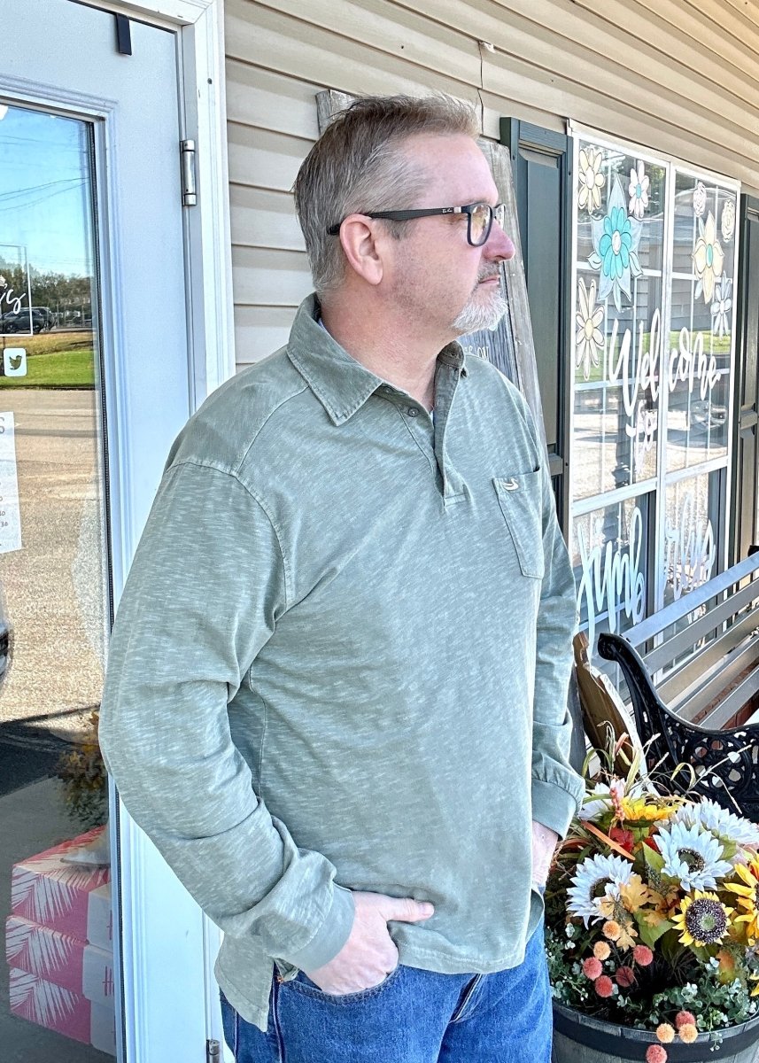 Southern Marsh Slub Polo - Long Sleeve - Sandstone or Washed Blue - Southern Slub Polo -Jimberly's Boutique-Olive Branch-Mississippi