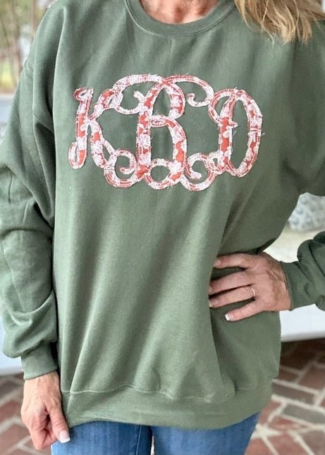 The Green/Rust Combo Embroidered Monogram Applique' Sweatshirt - Jimberly's Boutique