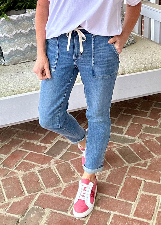 Judy Blue High Waist Elastic Drawstring Cuffed Jogger Denim Jeans