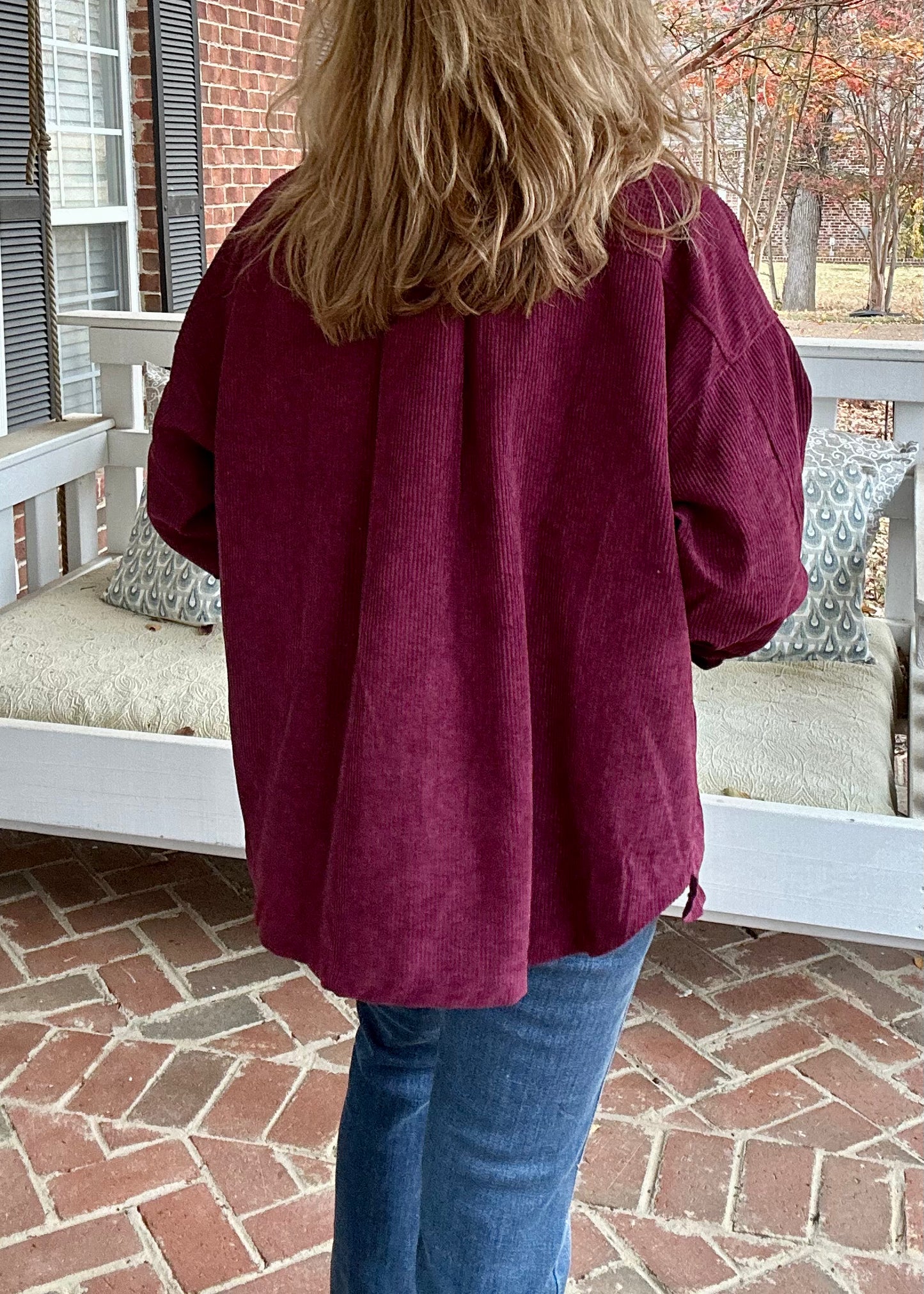 Oversized Corduroy Button-Front Shacket - Dark Burgundy
