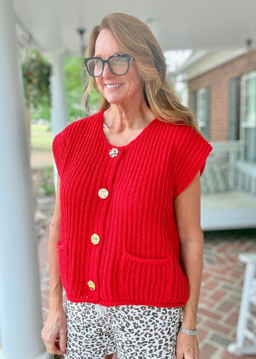 4 Button Sweater Vest - Red - sweater vest - Jimberly's Boutique - Olive Branch - Mississippi