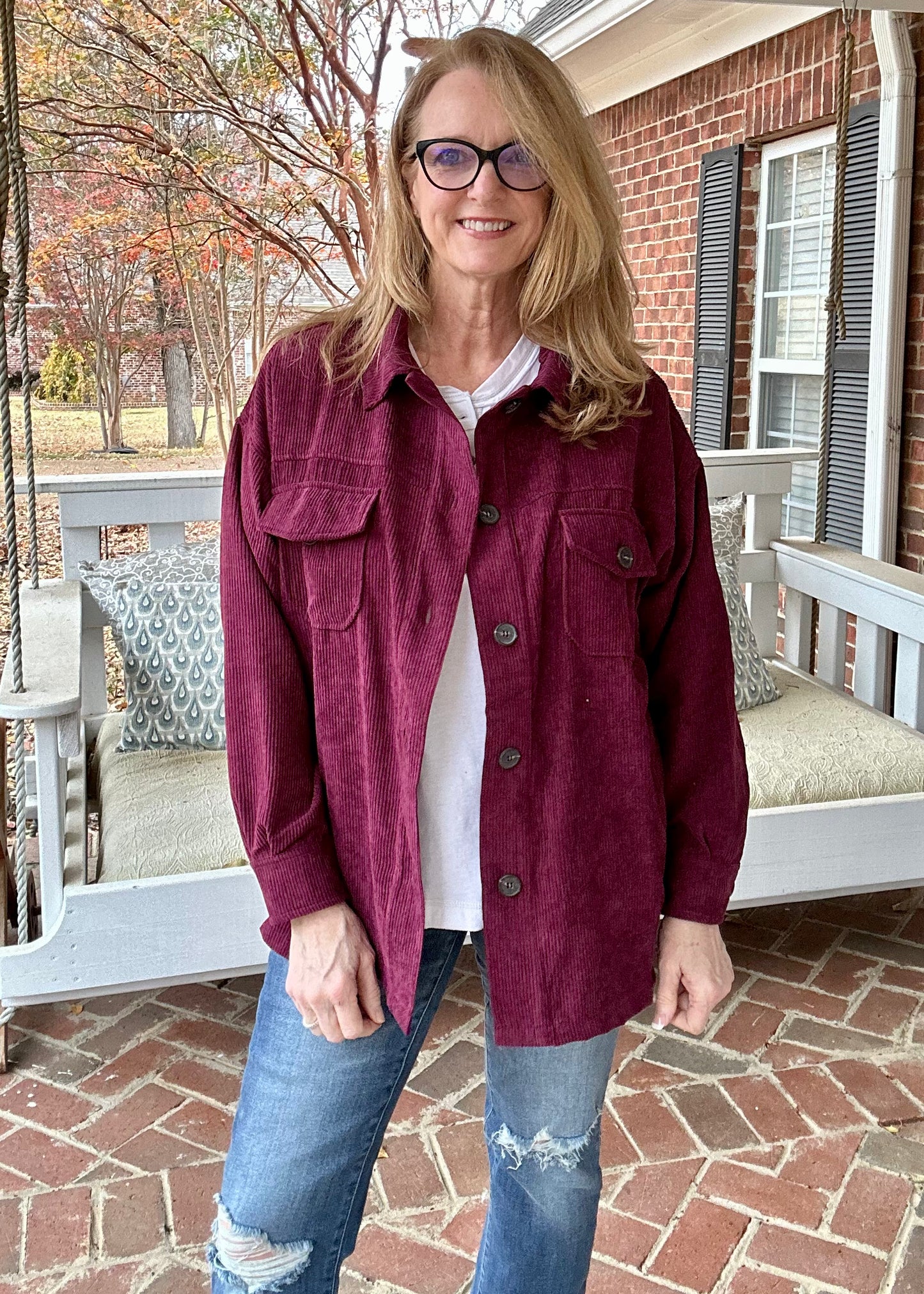 Oversized Corduroy Button-Front Shacket - Dark Burgundy