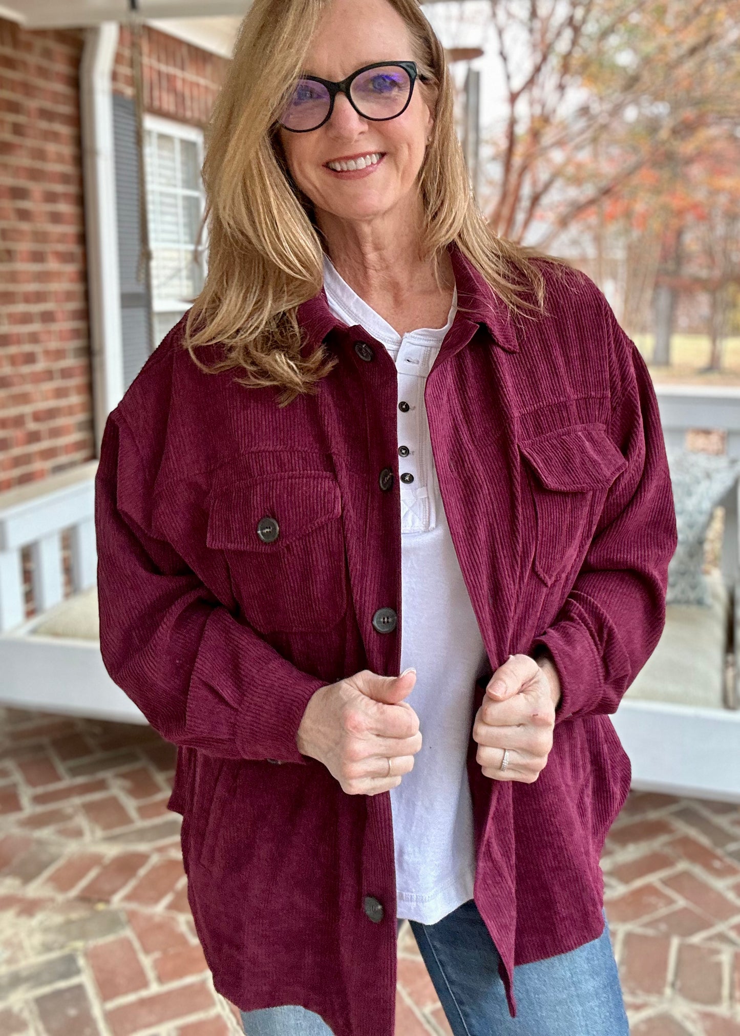 Oversized Corduroy Button-Front Shacket - Dark Burgundy