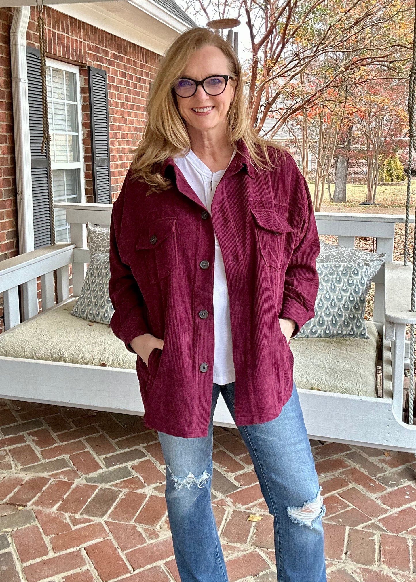 Oversized Corduroy Button-Front Shacket - Dark Burgundy