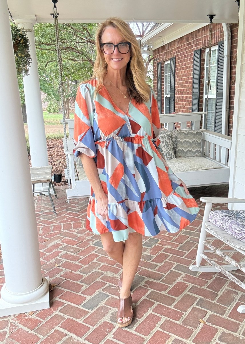 Abstract V-Neck Tiered Dress - Navy Mix - Umgee Dress -Jimberly's Boutique-Olive Branch-Mississippi