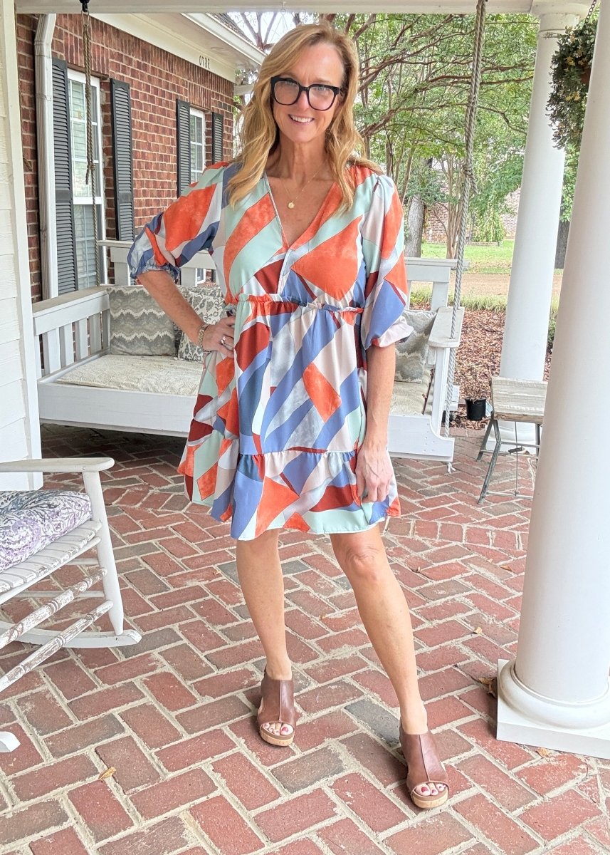 Abstract V-Neck Tiered Dress - Navy Mix - Umgee Dress -Jimberly's Boutique-Olive Branch-Mississippi