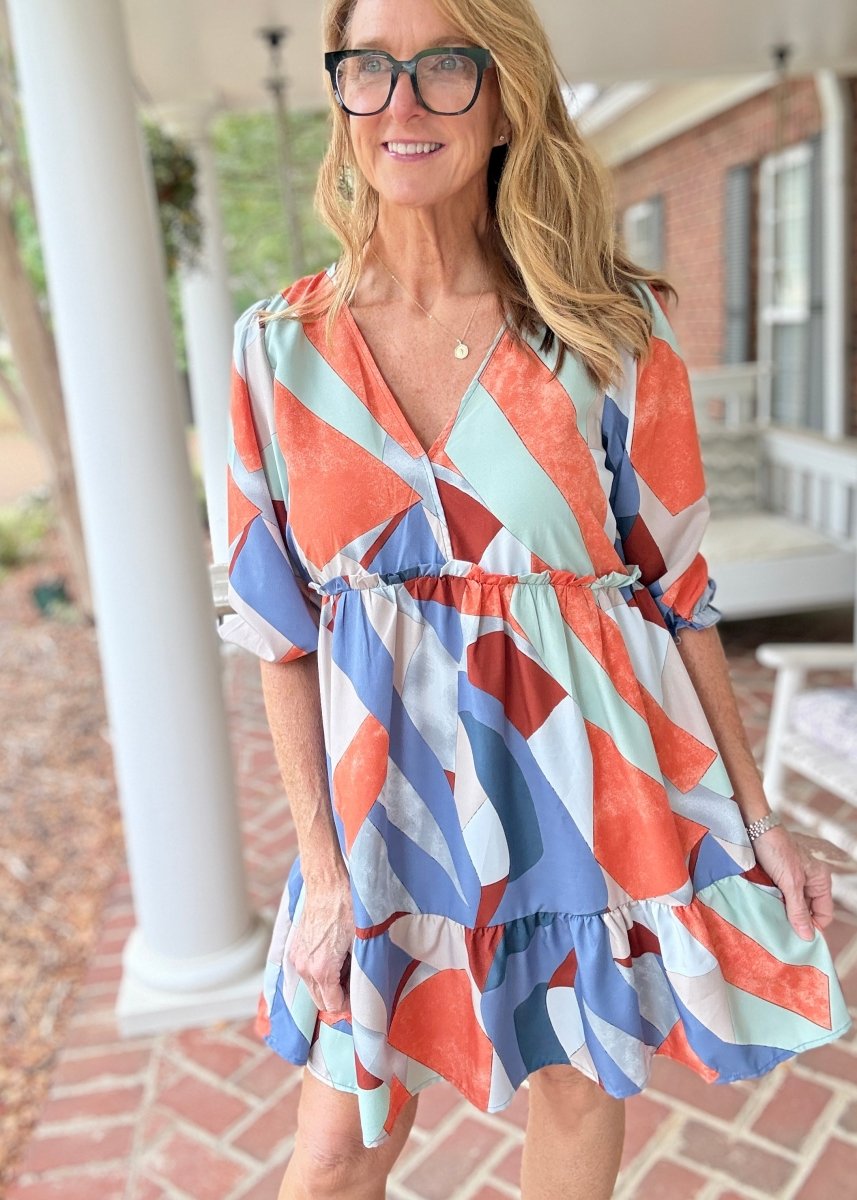 Abstract V-Neck Tiered Dress - Navy Mix - Umgee Dress -Jimberly's Boutique-Olive Branch-Mississippi