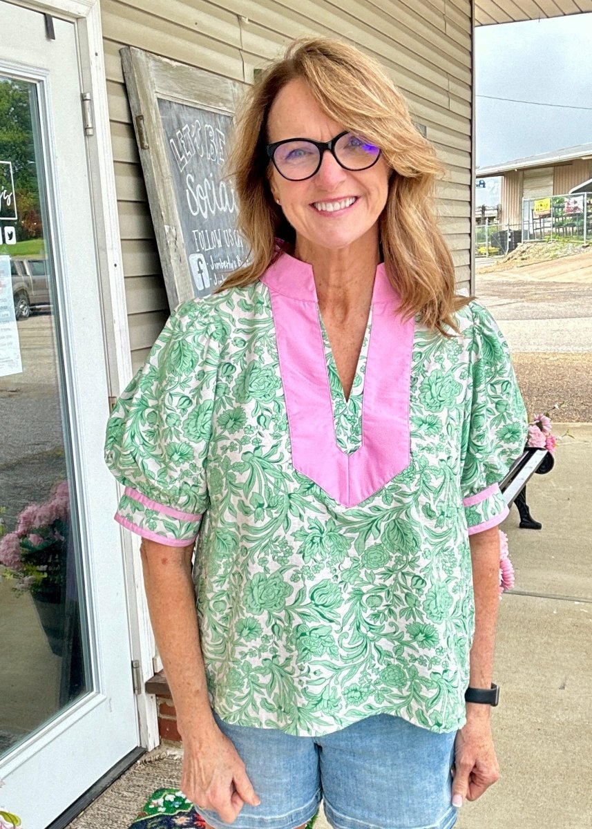 Alex Puff Sleeve Top - Green with Pink Contrast | Entro - Entro Top - Jimberly's Boutique - Olive Branch - Mississippi