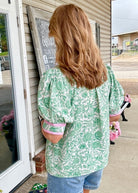 Alex Puff Sleeve Top - Green with Pink Contrast | Entro - Entro Top - Jimberly's Boutique - Olive Branch - Mississippi