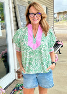 Alex Puff Sleeve Top - Green with Pink Contrast | Entro - Entro Top - Jimberly's Boutique - Olive Branch - Mississippi