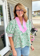 Alex Puff Sleeve Top - Green with Pink Contrast | Entro - Entro Top - Jimberly's Boutique - Olive Branch - Mississippi