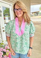 Alex Puff Sleeve Top - Green with Pink Contrast | Entro - Entro Top - Jimberly's Boutique - Olive Branch - Mississippi