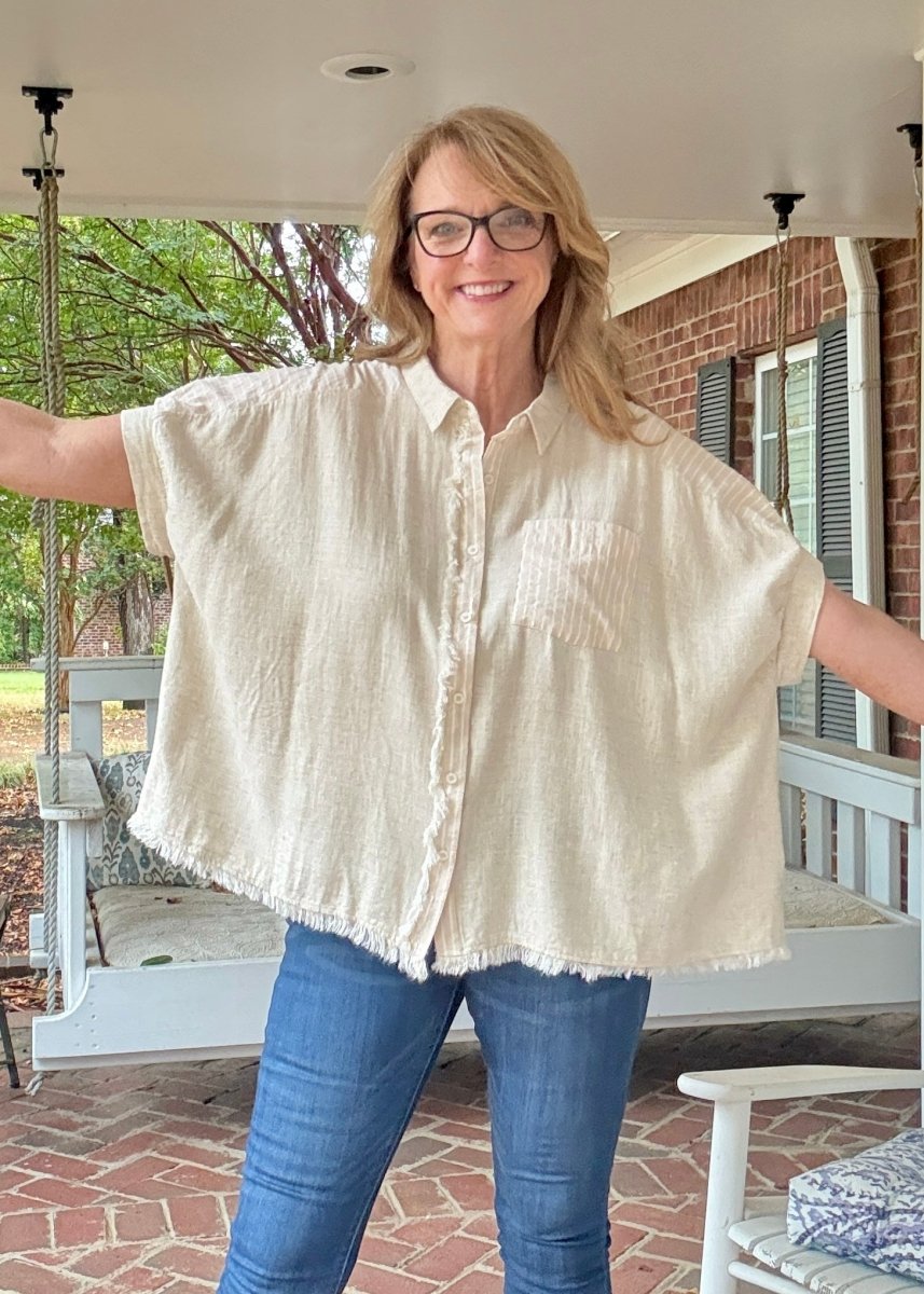 Anna Linen Button Down Top - Oatmeal - Button Down Top - Jimberly's Boutique - Olive Branch - Mississippi