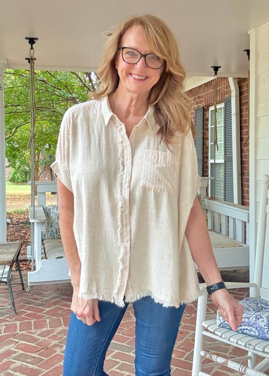 Anna Linen Button Down Top - Oatmeal - Button Down Top - Jimberly's Boutique - Olive Branch - Mississippi
