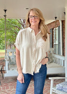 Anna Linen Button Down Top - Oatmeal - Button Down Top - Jimberly's Boutique - Olive Branch - Mississippi