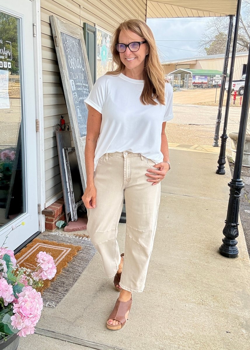 Barrel Leg Color Denim Pants - Sand Beige | Zenana - Barrel Jeans/Pants - Jimberly's Boutique - Olive Branch - Mississippi