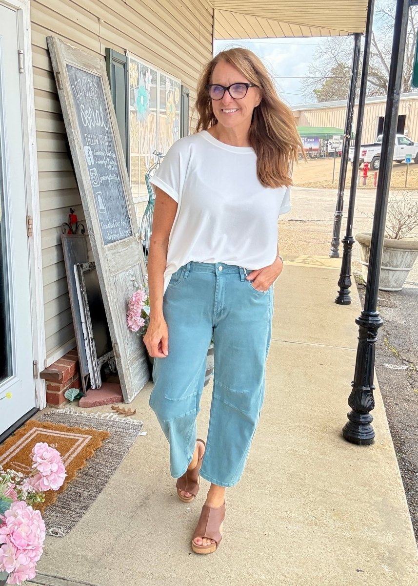 Barrel Leg Denim Pants - Teal | Zenana - Barrel Jeans/Pants - Jimberly's Boutique - Olive Branch - Mississippi