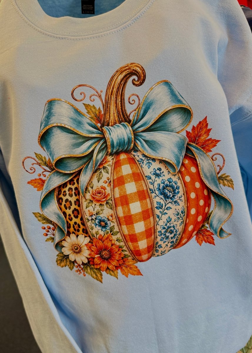 Blue Bow Patchwork Pumpkin Sweatshirt - Graphic Sweatshirt -Jimberly's Boutique-Olive Branch-Mississippi