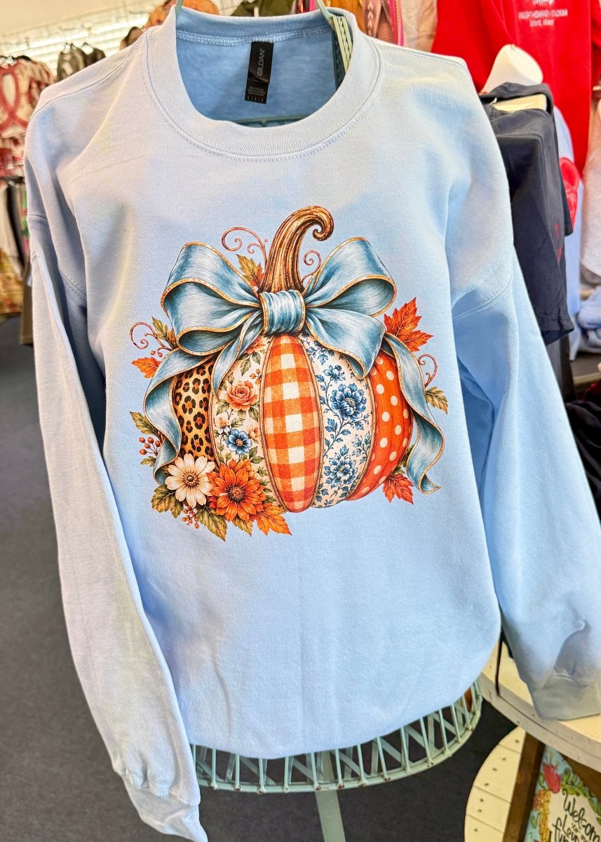 Blue Bow Patchwork Pumpkin Sweatshirt - Graphic Sweatshirt -Jimberly's Boutique-Olive Branch-Mississippi