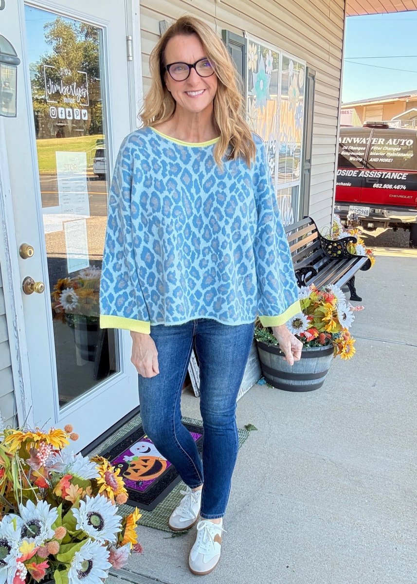 Blue Leopard Contrast Sweater - sweater -Jimberly's Boutique-Olive Branch-Mississippi