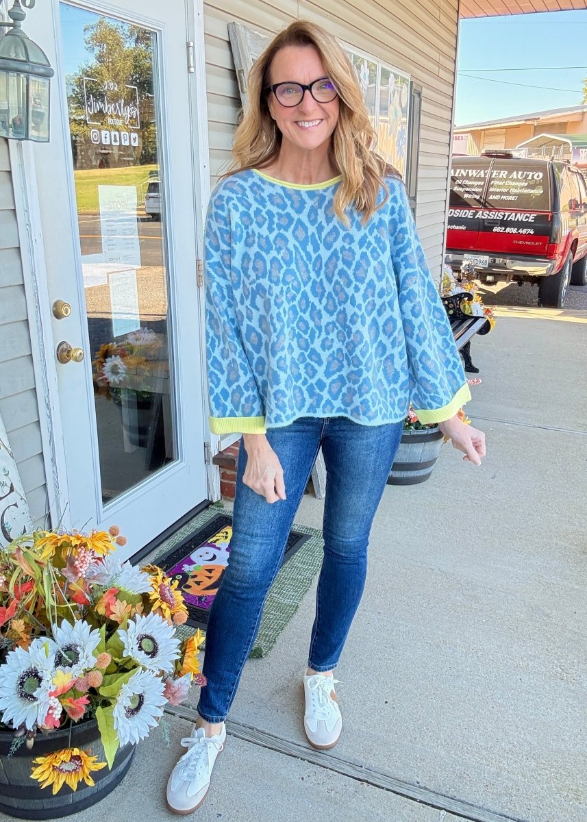 Blue Leopard Contrast Sweater - sweater -Jimberly's Boutique-Olive Branch-Mississippi
