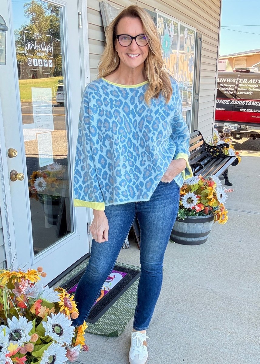 Blue Leopard Contrast Sweater - sweater -Jimberly's Boutique-Olive Branch-Mississippi
