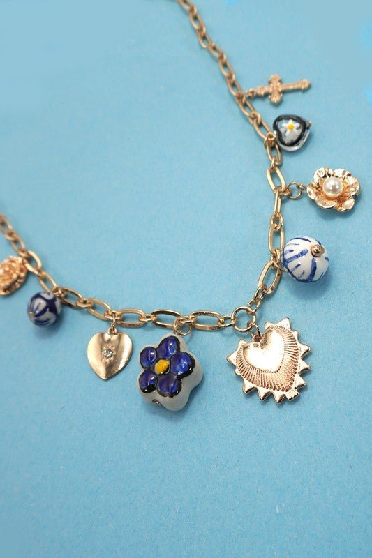 Blue Porcelain Heart Cross Charm Necklace - Jimberly's Boutique - Olive Branch - Mississippi