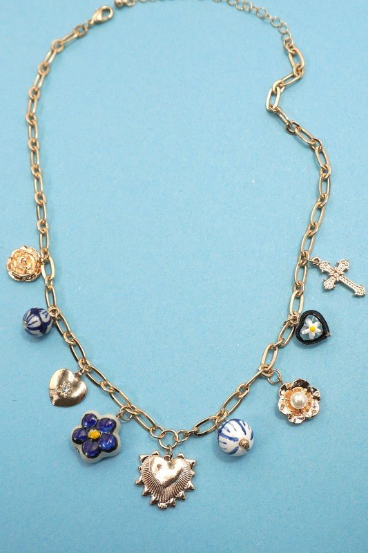 Blue Porcelain Heart Cross Charm Necklace - Jimberly's Boutique - Olive Branch - Mississippi