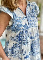 Blue Toile Dress with Ruffle Sleeves | Umgee - Jimberly's Boutique - Olive Branch - Mississippi