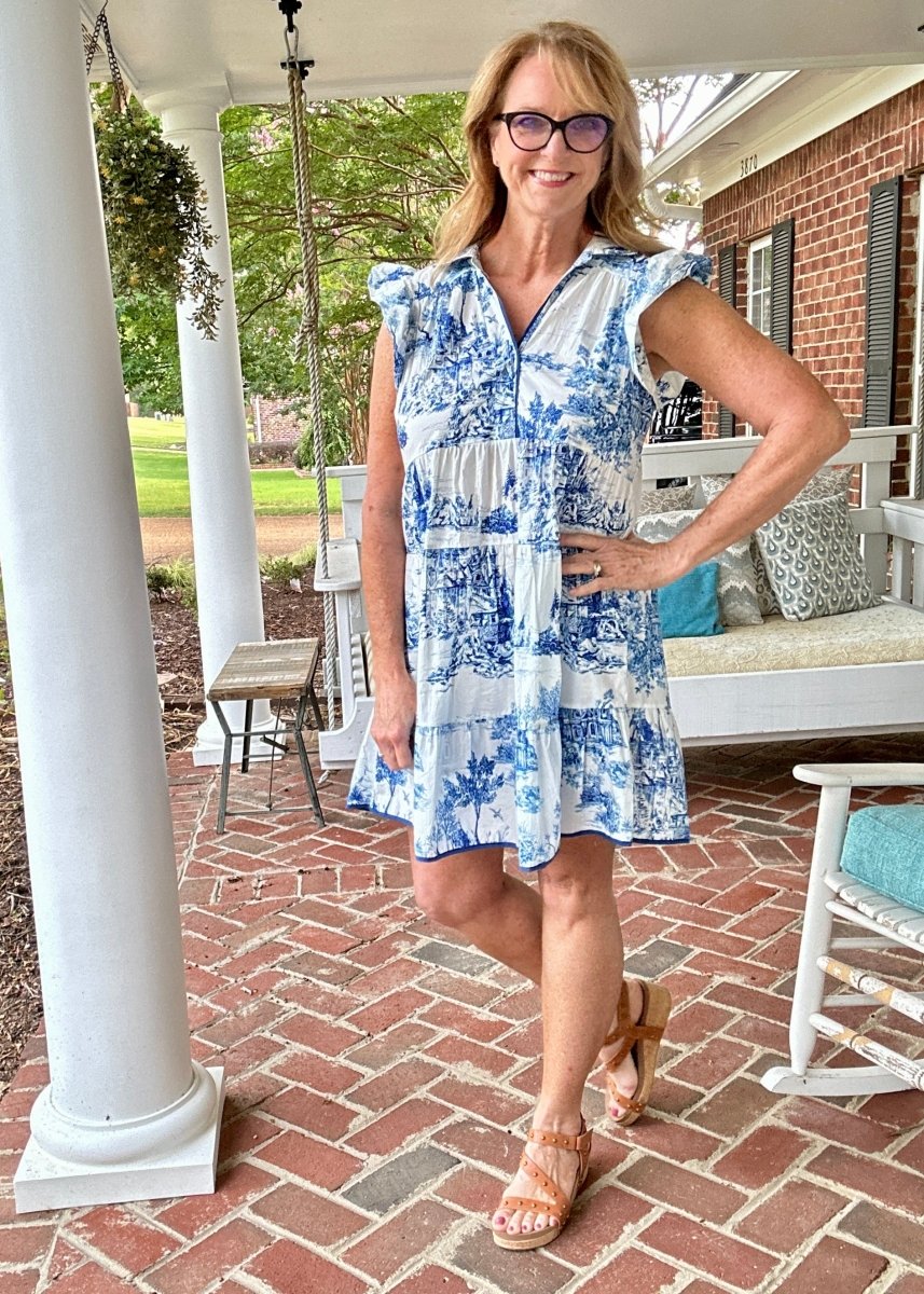 Blue Toile Dress with Ruffle Sleeves | Umgee - Jimberly's Boutique - Olive Branch - Mississippi