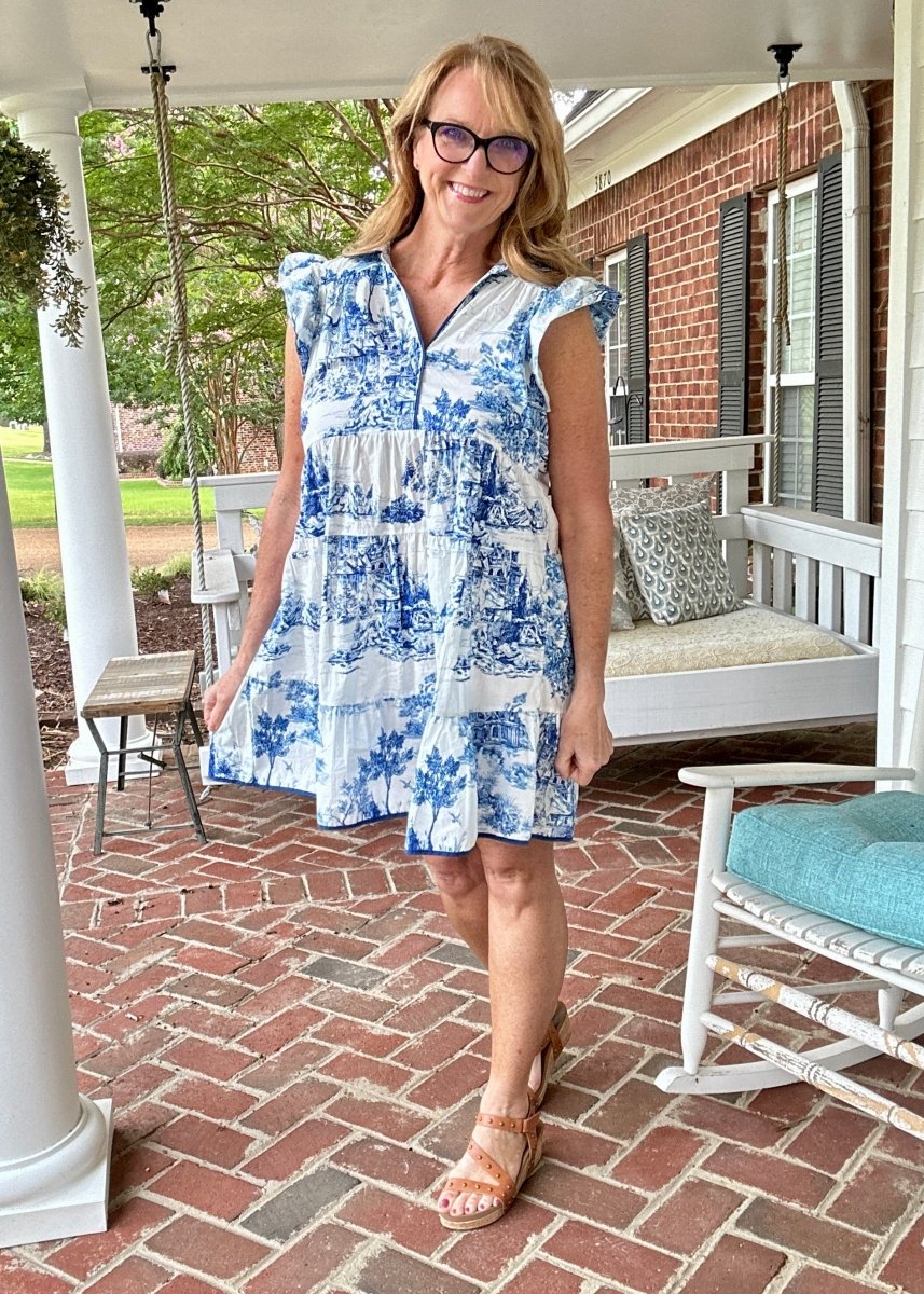 Blue Toile Dress with Ruffle Sleeves | Umgee - Jimberly's Boutique - Olive Branch - Mississippi