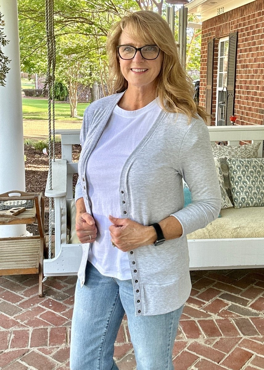 Bobbi Jo 3 4 Sleeve Snap Cardigan Heather Grey
