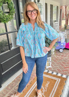 Boho Floral Shirred Split Neck Top - Casual Top - Jimberly's Boutique - Olive Branch - Mississippi