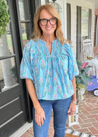 Boho Floral Shirred Split Neck Top - Casual Top - Jimberly's Boutique - Olive Branch - Mississippi