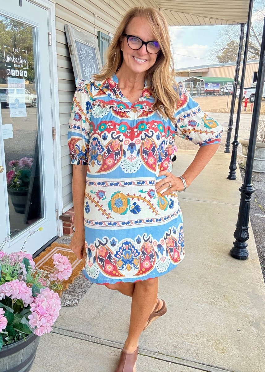 Border Print Dress - Blue Mix - Umgee Dress - Jimberly's Boutique - Olive Branch - Mississippi